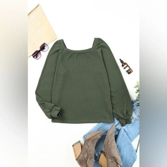 New - Shewin - Green Plain Waffle Knit Bishop Sleeve Square Neck Top - Picture 3 of 10